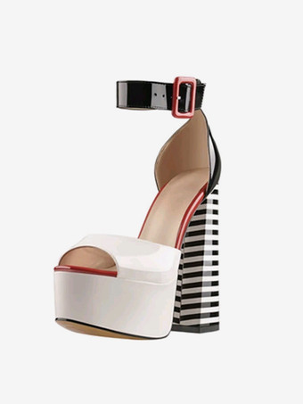 セクシーなハイヒールサンダル プラットフォーム オープントゥ バックルディテール アンクルストラップ ブロックヒールサンダル