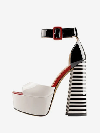 ホワイト セクシーなハイヒールサンダル プラットフォーム オープントゥ バックルディテール アンクルストラップ ブロックヒールサンダル