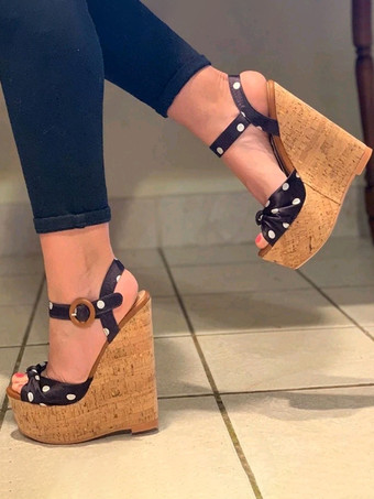 レディース ウェッジサンダル 水玉模様 プラットフォーム ピープトゥ ウェッジシューズ