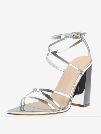 plateado Sandalias de tacón en bloque Sandalias de tacón alto con tiras y punta en punta negras