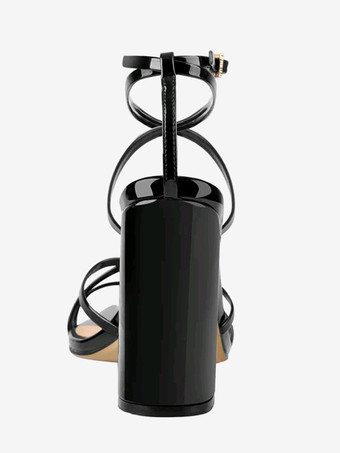 Sandalias de tacón en bloque Sandalias de tacón alto con tiras y punta en punta negras
