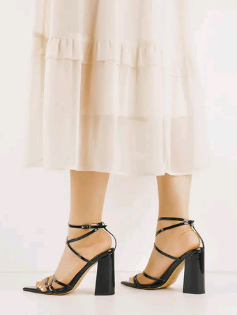 Sandalias de tacón en bloque Sandalias de tacón alto con tiras y punta en punta negras