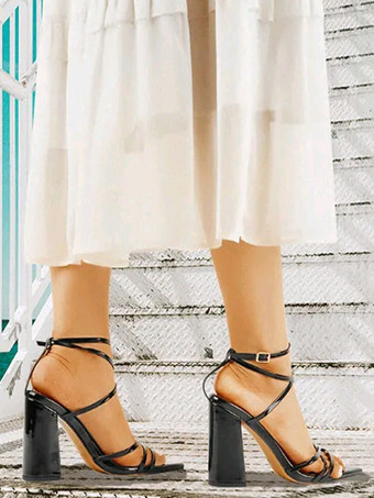 Sandalias de tacón en bloque Sandalias de tacón alto con tiras y punta en punta negras