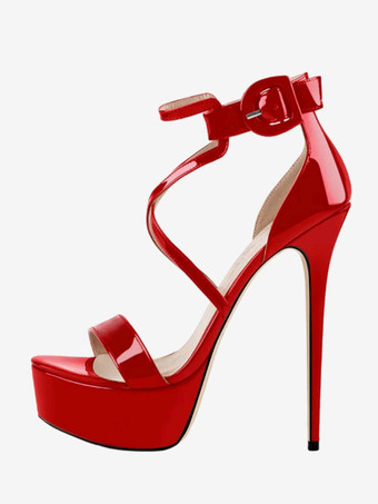 レッド ブラックのセクシーなヒールサンダル プラットフォーム オープントゥ アンクルストラップ ハイヒールサンダル