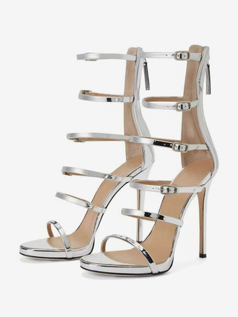 シルバー レディース パーティーサンダル ハイヒール ストラップ ドレスサンダル