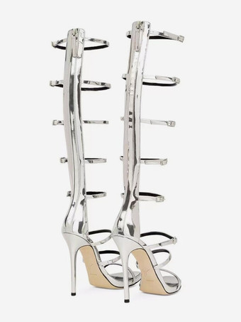 レディース ニーハイ グラディエーター サンダル ブラック オープントゥ バックルディテール ストラップ ハイヒール サンダル シューズ