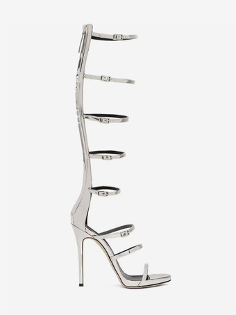 レディース ニーハイ グラディエーター サンダル ブラック オープントゥ バックルディテール ストラップ ハイヒール サンダル シューズ