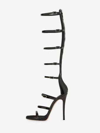 レディース ニーハイ グラディエーター サンダル ブラック オープントゥ バックルディテール ストラップ ハイヒール サンダル シューズ