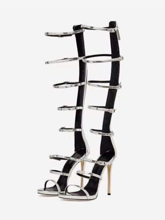 シルバー レディース ニーハイ グラディエーター サンダル ブラック オープントゥ バックルディテール ストラップ ハイヒール サンダル シューズ