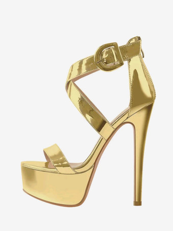 ゴールド セクシーなハイヒールサンダル プラットフォーム クリスクロス スティレットヒール サンダル シューズ