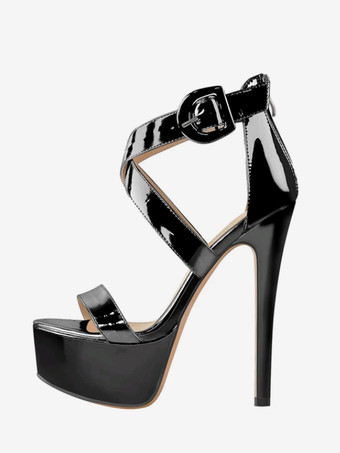 ブラック セクシーなハイヒールサンダル プラットフォーム クリスクロス スティレットヒール サンダル シューズ