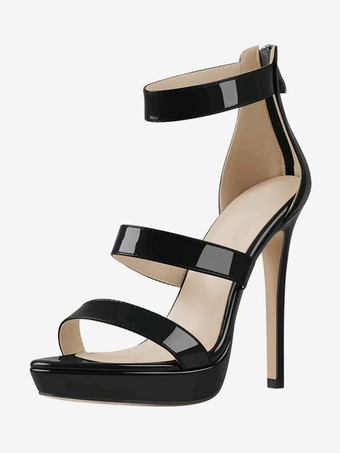 PUブラックレディースヒールサンダル ブラック オープントゥ スティレットヒール ストラップ セクシーサンダル