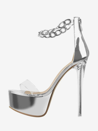 ホワイト セクシーなヒールサンダル ゴールドプラットフォーム オープントゥ スティレットヒール アンクルストラップサンダル