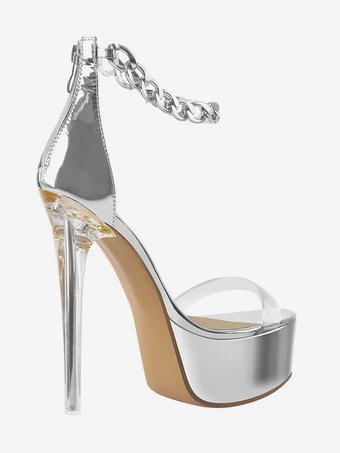 セクシーなヒールサンダル ゴールドプラットフォーム オープントゥ スティレットヒール アンクルストラップサンダル