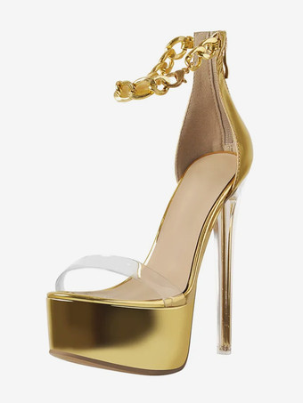 セクシーなヒールサンダル ゴールドプラットフォーム オープントゥ スティレットヒール アンクルストラップサンダル