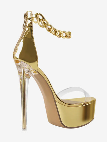 セクシーなヒールサンダル ゴールドプラットフォーム オープントゥ スティレットヒール アンクルストラップサンダル