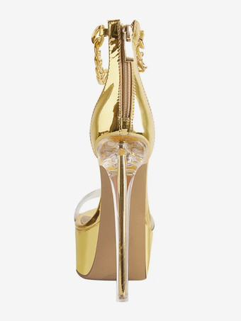 セクシーなヒールサンダル ゴールドプラットフォーム オープントゥ スティレットヒール アンクルストラップサンダル