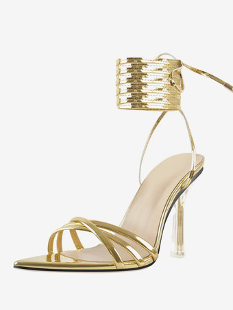 ゴールド ブラック レースアップ サンダル ハイヒール オープントゥ ドレスシューズ