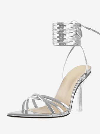 シルバー ブラック レースアップ サンダル ハイヒール オープントゥ ドレスシューズ