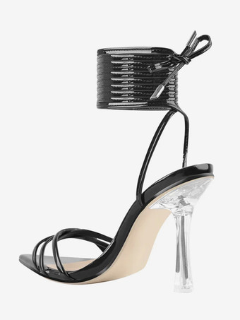 ブラック レースアップ サンダル ハイヒール オープントゥ ドレスシューズ