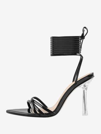 ブラック レースアップ サンダル ハイヒール オープントゥ ドレスシューズ