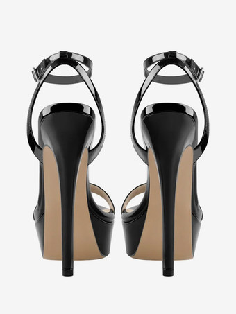 ブラックのセクシーなサンダル、ハイヒールプラットフォーム、オープントゥ、アンクルストラップサンダル