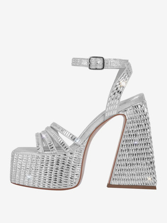 シルバー ブラック パーティーシューズ ラインストーン ブロックヒール プラットフォーム アンルストラップ ハイヒール サンダル