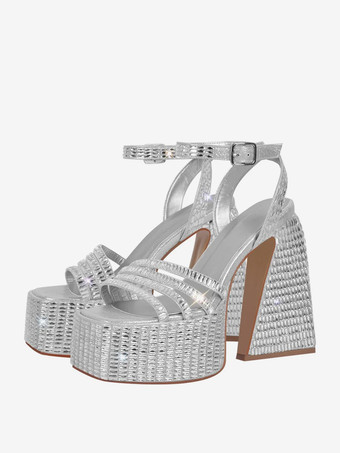 ブラック パーティーシューズ ラインストーン ブロックヒール プラットフォーム アンルストラップ ハイヒール サンダル