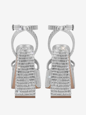 ブラック パーティーシューズ ラインストーン ブロックヒール プラットフォーム アンルストラップ ハイヒール サンダル