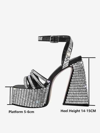 ブラック パーティーシューズ ラインストーン ブロックヒール プラットフォーム アンルストラップ ハイヒール サンダル