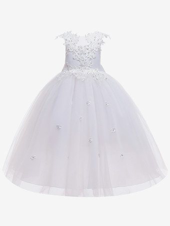 ホワイト ホワイトフラワーガールドレス 特別な日のドレス ピンクチュール ノースリーブ ジュエルネック フラワーガールドレス