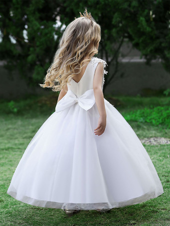 ホワイトフラワーガールドレス 特別な日のドレス ピンクチュール ノースリーブ ジュエルネック フラワーガールドレス