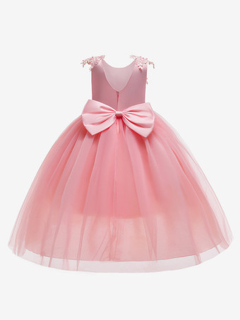 ホワイトフラワーガールドレス 特別な日のドレス ピンクチュール ノースリーブ ジュエルネック フラワーガールドレス