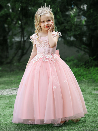 ホワイトフラワーガールドレス 特別な日のドレス ピンクチュール ノースリーブ ジュエルネック フラワーガールドレス