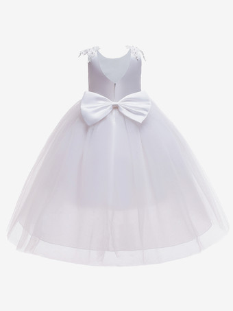 ホワイトフラワーガールドレス 特別な日のドレス ピンクチュール ノースリーブ ジュエルネック フラワーガールドレス