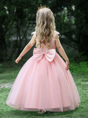 ホワイトフラワーガールドレス 特別な日のドレス ピンクチュール ノースリーブ ジュエルネック フラワーガールドレス