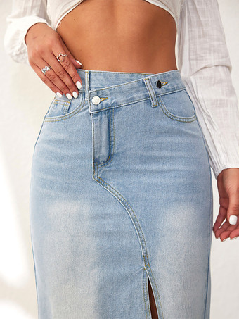 スカート ブルー アシンメトリー ウエスト上げ デニム シック 秋 ロング レディース ボトムス