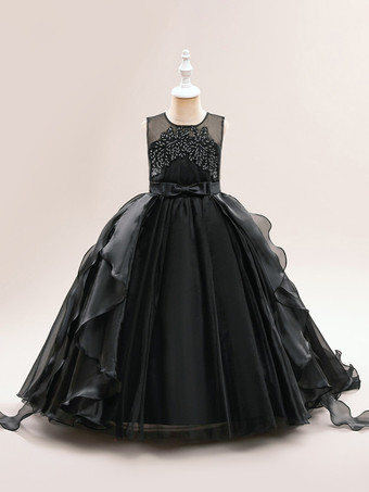 ブラック 白いフラワーガールドレス 特別な日のためのドレス ホワイトチュール ノースリーブ ジュエルネック フラワーガールドレス