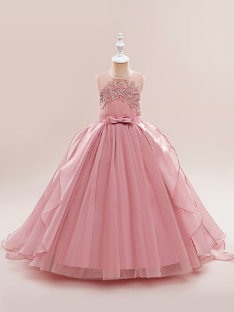 ピンク白いフラワーガールドレス 特別な日のためのドレス ホワイトチュール ノースリーブ ジュエルネック フラワーガールドレス