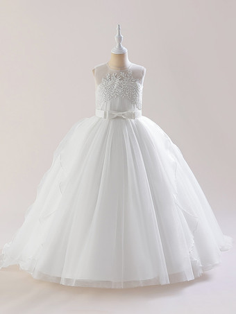 ホワイト 白いフラワーガールドレス 特別な日のためのドレス ホワイトチュール ノースリーブ ジュエルネック フラワーガールドレス