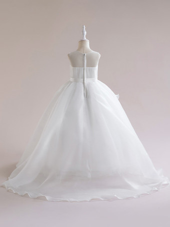 白いフラワーガールドレス 特別な日のためのドレス ホワイトチュール ノースリーブ ジュエルネック フラワーガールドレス