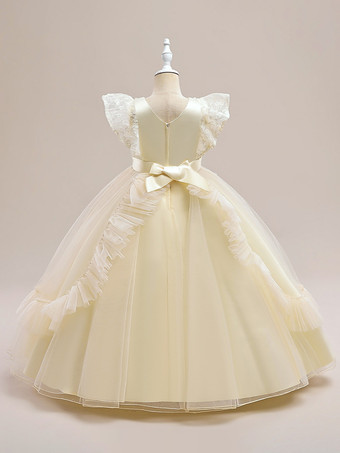 ホワイトフラワーガールドレス 特別な日のドレス バーガンディチュール 半袖 ジュエルネック フラワーガールドレス