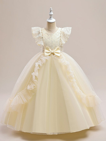 シャンパンカラーホワイトフラワーガールドレス 特別な日のドレス バーガンディチュール 半袖 ジュエルネック フラワーガールドレス