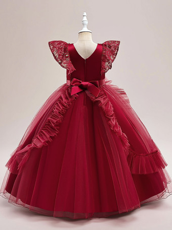 ホワイトフラワーガールドレス 特別な日のドレス バーガンディチュール 半袖 ジュエルネック フラワーガールドレス