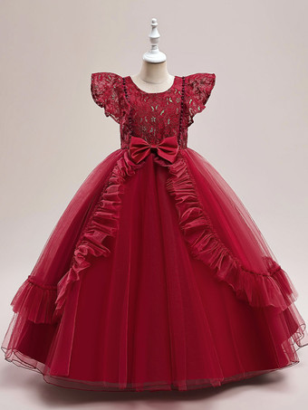 ワインレッド ホワイトフラワーガールドレス 特別な日のドレス バーガンディチュール 半袖 ジュエルネック フラワーガールドレス