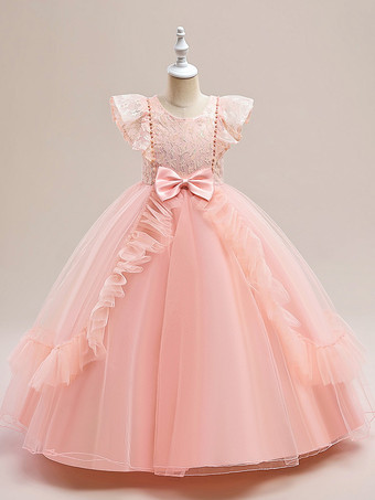 ピンクホワイトフラワーガールドレス 特別な日のドレス バーガンディチュール 半袖 ジュエルネック フラワーガールドレス