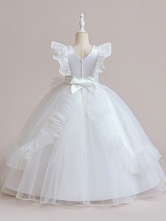 ホワイトフラワーガールドレス 特別な日のドレス バーガンディチュール 半袖 ジュエルネック フラワーガールドレス