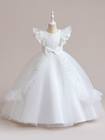 ホワイト ホワイトフラワーガールドレス 特別な日のドレス バーガンディチュール 半袖 ジュエルネック フラワーガールドレス