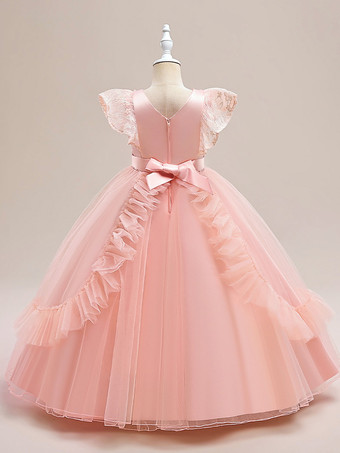 ホワイトフラワーガールドレス 特別な日のドレス バーガンディチュール 半袖 ジュエルネック フラワーガールドレス