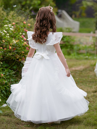 ホワイトフラワーガールドレス 特別な日のドレス バーガンディチュール 半袖 ジュエルネック フラワーガールドレス